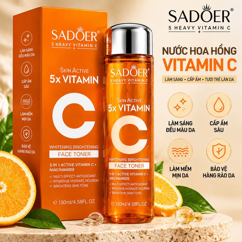 Nước hoa hồng SADOER 5X Vitamin C dưỡng sáng da, đều màu, mờ thâm nám, cấp ẩm mịn màng 130ml