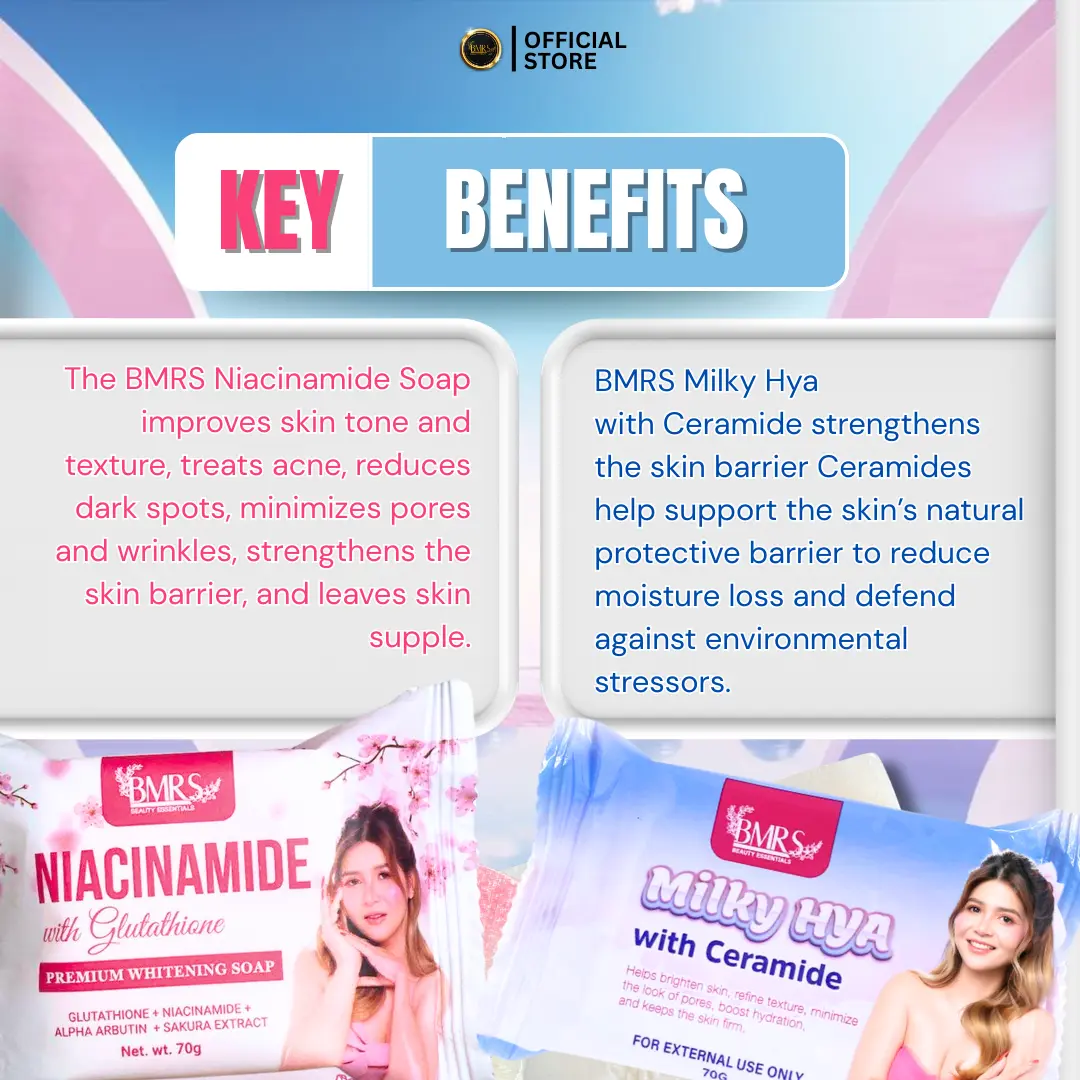 BMRS Official 4PCS BUNDLE of ( 2pcs Niacinamide and 2pcs Milky Hya ) SOAP  for whitening and moisturizing