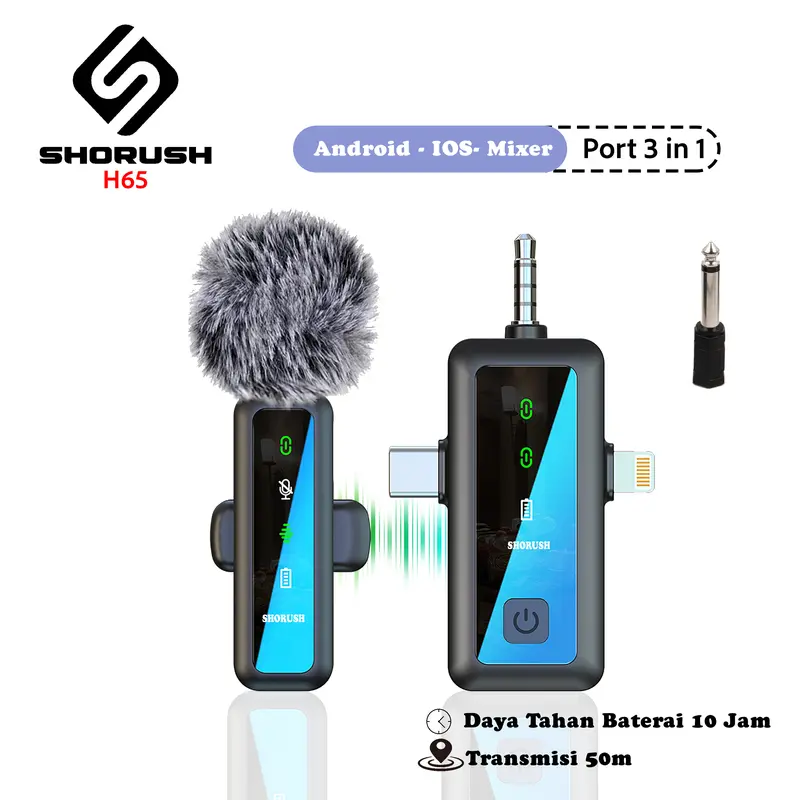 Shorush H65 Wireless Microphone Clip On 3 In 1 Mikrofon Clip On Lavalier Clip On UHF 2.4G Dual Single Mic Wireless Mikrofon Hp Kamera Vlog Youtuber Live Streaming Konten Kreator 1