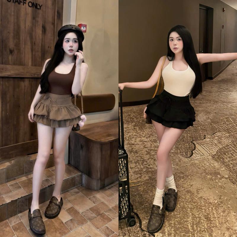 New Sét Áo + Chân Váy áo 2 dây thun co giãn thoải mái 2 Tone Màu trẻ trung Hot Hit Mix Chân Váy Xếp Tầng tôn dáng cá tính Đi chơi Dự tiệc - Chất Mới Cho Nữ + TOP WOMEN "lisa dress"