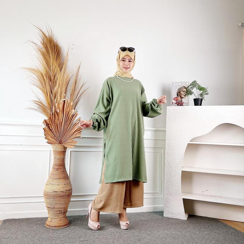 tunik wanita knit muslim ld 120 lengan karet Midi dres wanita melar 2