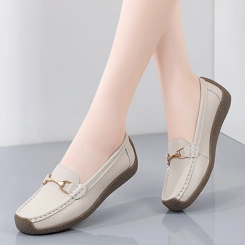 Giày Lười Da Thật Đế Mềm Cho Mẹ, Giày Trượt Thoải Mái Đồng Shoes Nữ Loafer