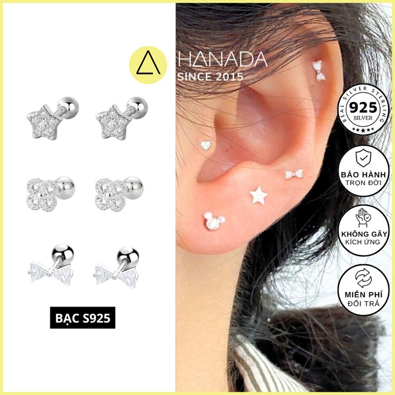 Khuyên Bạc 925 Hanada Chui Bi Vặn Đính Đá Cỏ 4 Lá Đính Đá Bông Tai Mang hằng ngày 2333-2336 A20