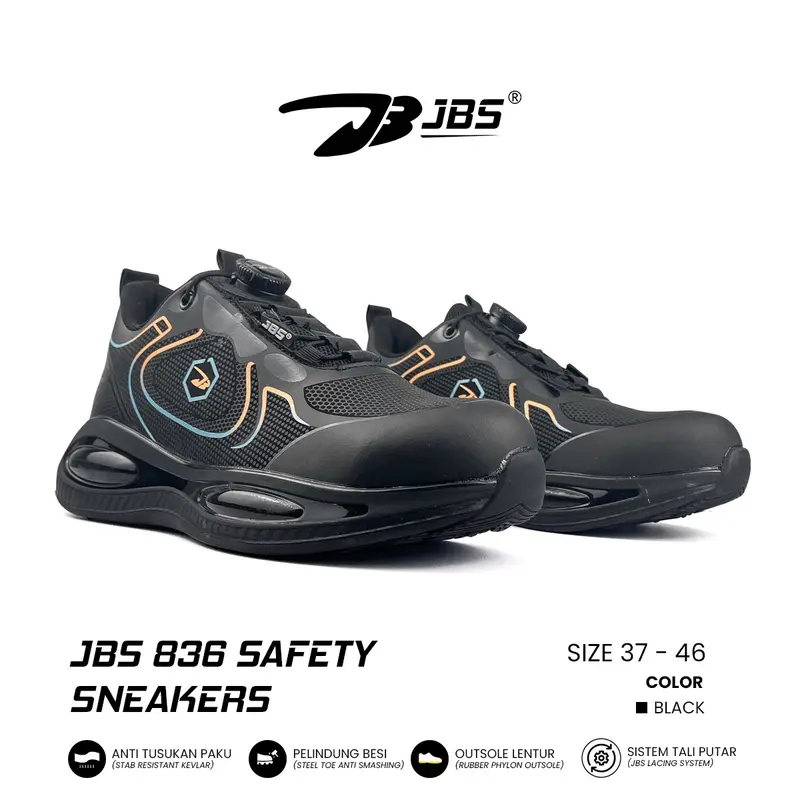 Sepatu Safety Sneakers JBS 836 Steel Toe Cap Tali Putar Sepatu Kerja Lapis Kevlar Anti Tusukan Paku Merah Black High Shoes 0