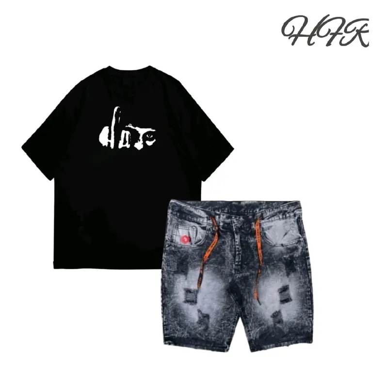 Setelan kaos distro motif HATE YOU dan celana jeans sobek pendek 0