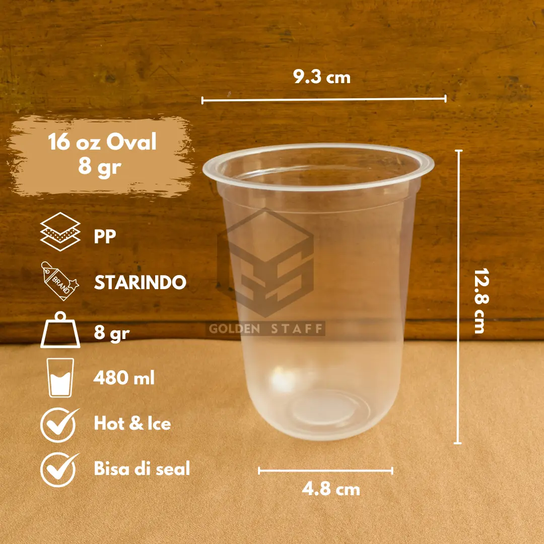(50 pcs) Gelas Plastik Cup Oval | PP 16 oz 8g | Merk Starindo | Hot & Ice | Bisa di Seal