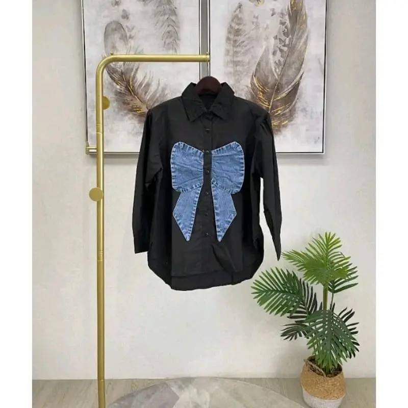 Atasan Kemeja Buffy Pita kemeja Wanita Oversize Casual Basic Katun Variasi Kancing Aktif 0