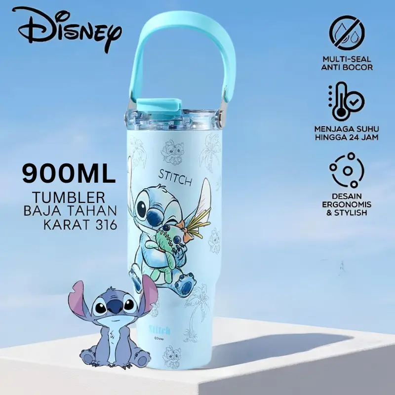 【EXCLUSIVE KOKOPANCI 】Disney Tumbler Stitch 900ml Stainless SUS 316 Tahan 24 Jam Portable Termos Sedotan 3in1 Phone Stand Handle Sedotan Botol Minum Biru Karakter Anak Remaja Sekolah Tumbler Anti Karat Gelas Vacuum Hadiah Portable BKL50802