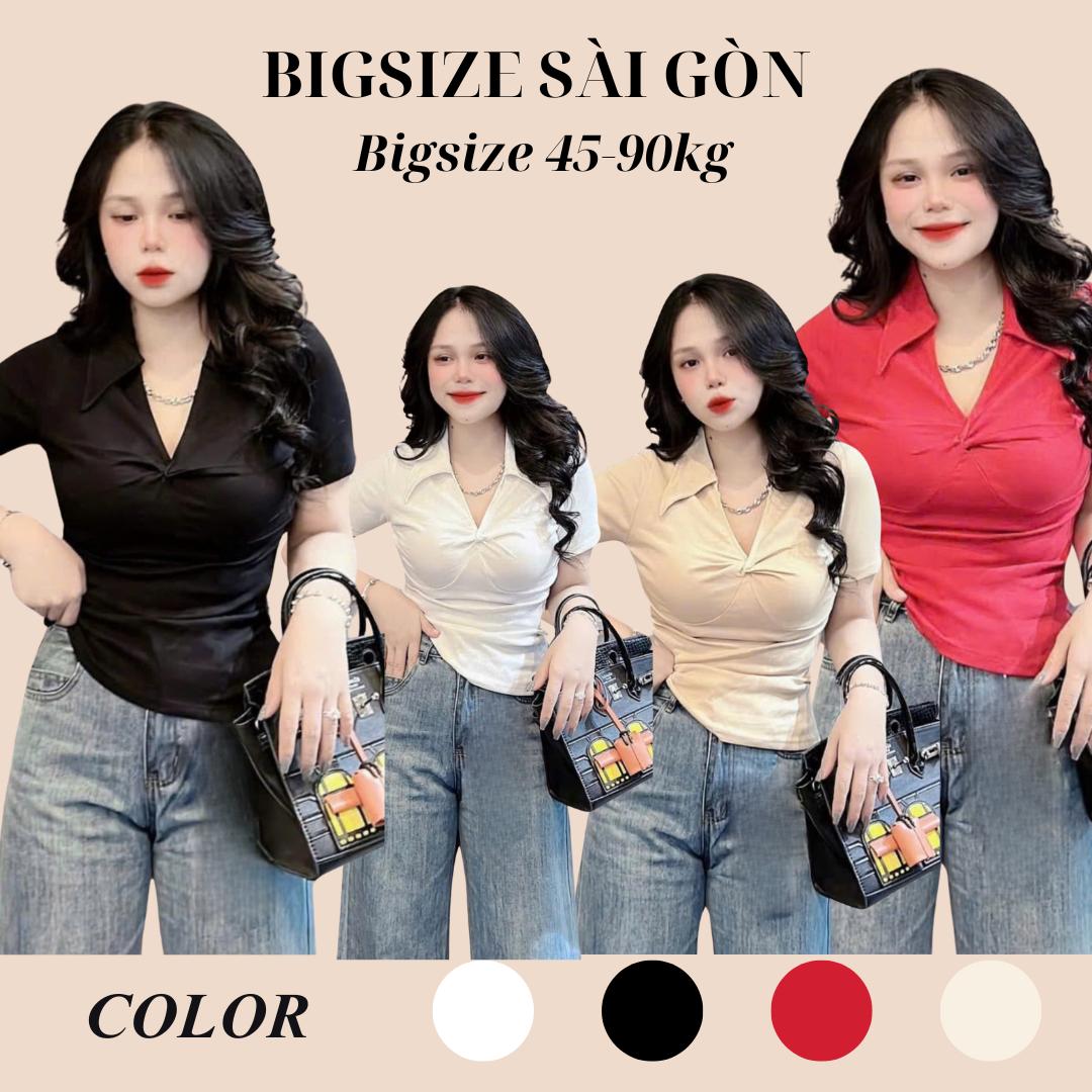(Tăm QC )   Bigsize Áo Thun Polo Cổ V Phối Xoắn Ngực Thanh Lịch Vải Thun Tăm Bigsize Từ 45 - 90Kg Dễ Thương Top Nữ Women - B.1546