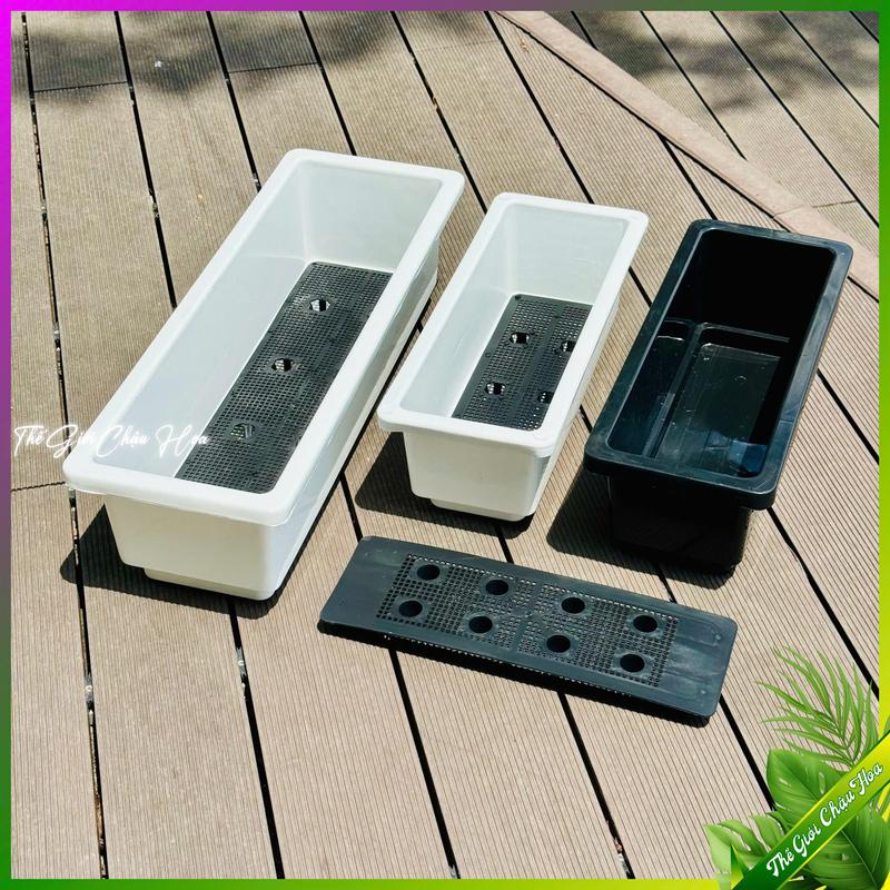 5 Chậu nhựa 48cm trồng cây chữ nhật thông minh kèm đế lót chậu trồng cây hoa máng rau ban công sân vườn