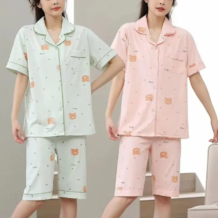 Setelan Piyama Wanita Dewasa 7/8 Celana Pendek Sedang Lengan Pendek Cantik Lembut Nyaman Baju Tidur Motif Lucu