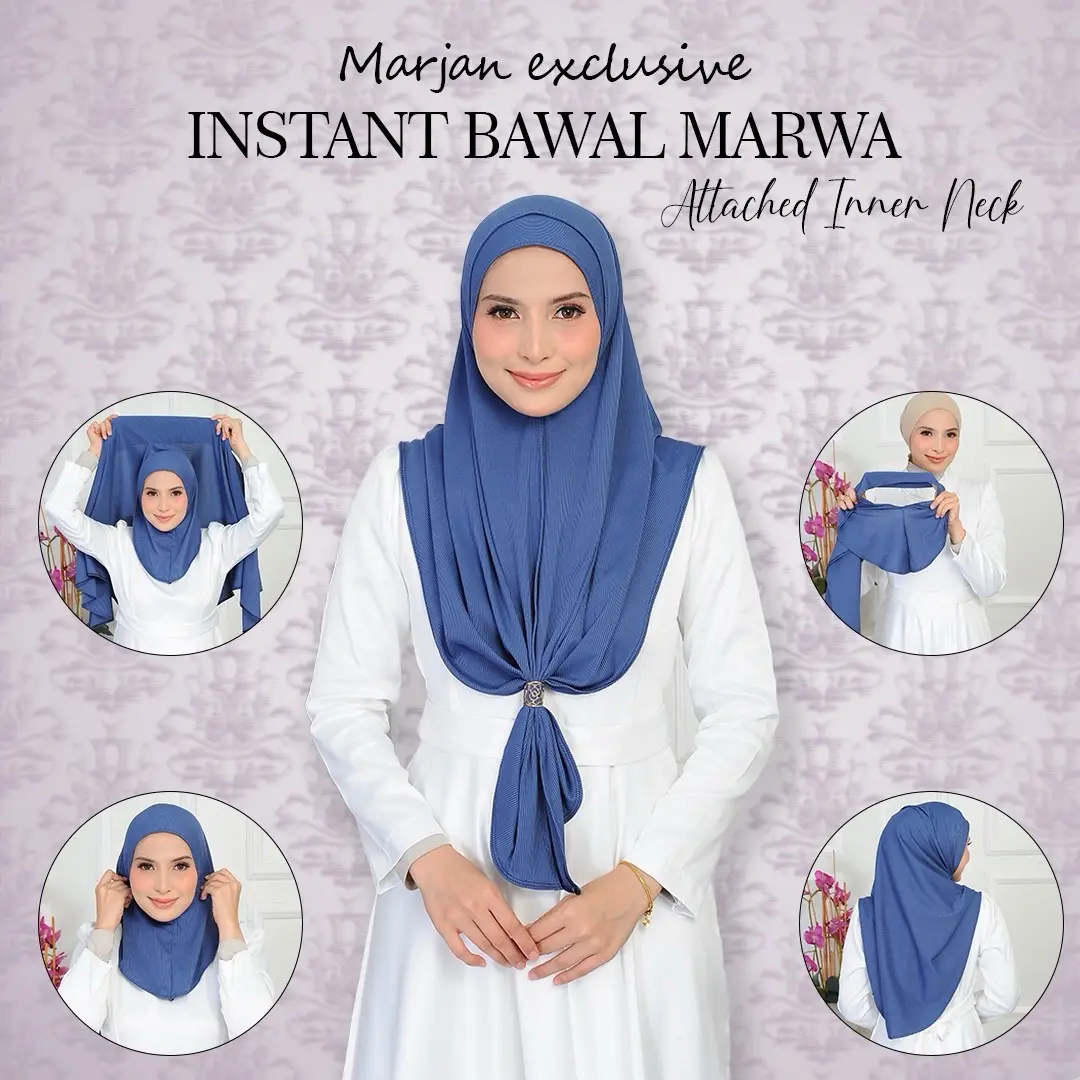 Bawal Instant Marwa Attached Inner Neck Square Hijabs Kain Pleated Ribbed Bawal Exclusive Flowy - Fabric
