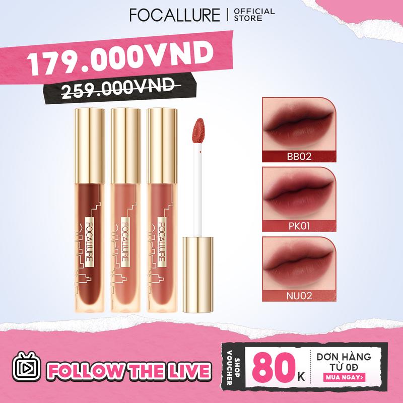 Focallure Set 3 Son Nhung Tint Lì Dưỡng Ẩm Mềm Mịn Môi
