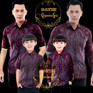 Baju batik pria coyple ayah dan anak kemeja lengan panjang  dan hem lengan pendek motif CENDRAWASIH BRUGUNDY