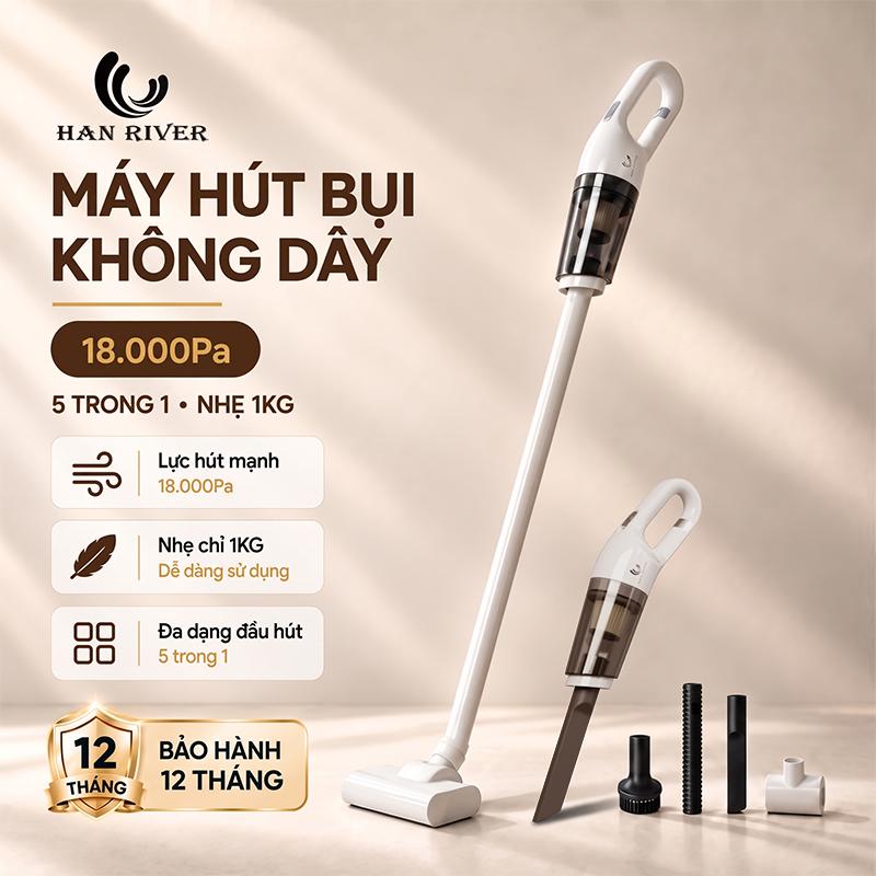 HAN RIVER Máy Hút Bụi Không Dây 5 Trong 1, 18.000Pa, Nhẹ 1kg, Dùng Cho Sàn Nhà Sofa Ô Tô Khuyến mãi