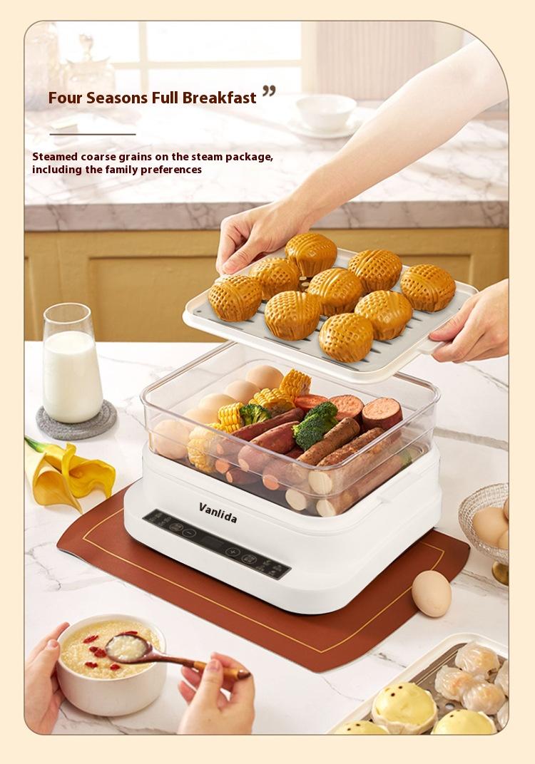 Product Introduction of The bottom of the multi-layer composite pot is quickly and evenly heated, steamed fish and vegetables are steamed out of a pot, and the lid is intelligent and timed to prevent dry burning. Protection 7