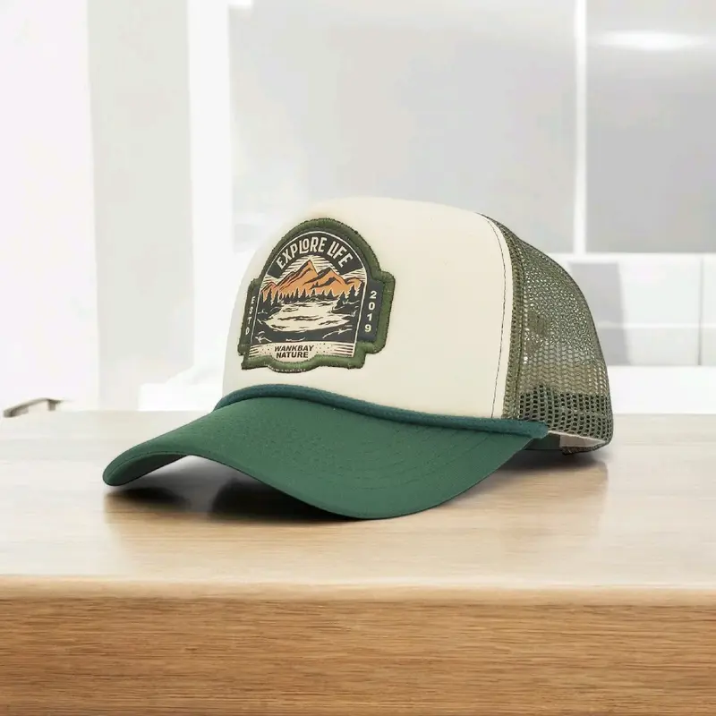 Wankbay Topi Trucker Plastisol Explore Life Green White Dewasa Corduroy Hat 1