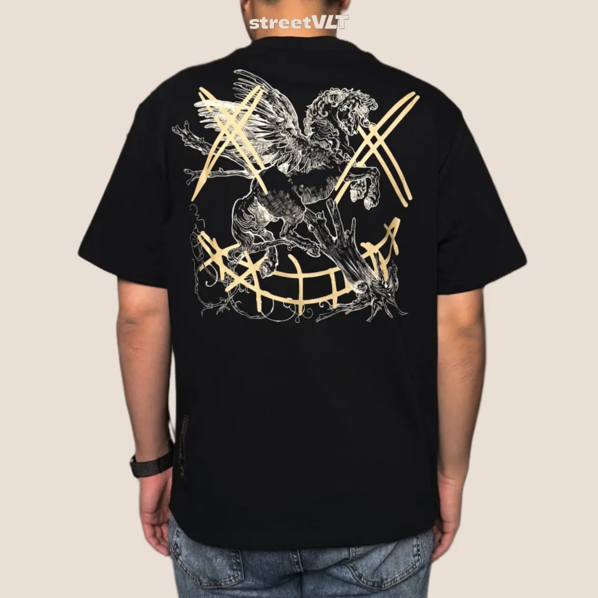 RIC Ricky Is Clown Pegasus Gold Horse Black Tee Original