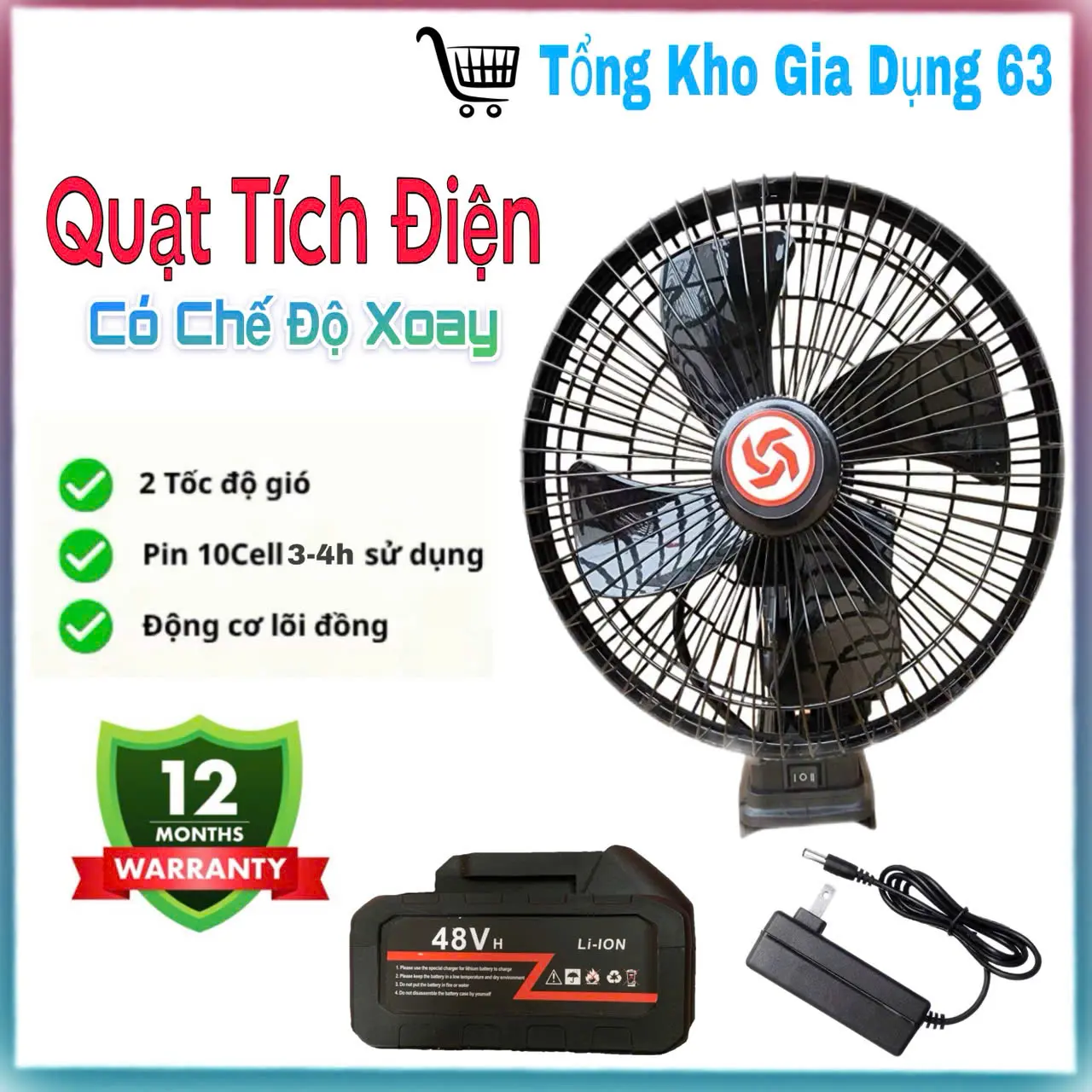 [XẢ KHO] Quạt XOAY Tích Điện Pin 10 Cell-48V Dùng 3-4h,Quạt 8 ich Để Bàn 2 Cấp Độ Gió Siêu Mát,Siêu Khỏe Pin Trâu