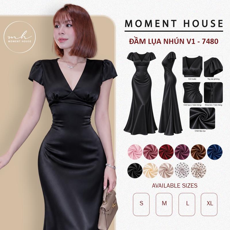 ĐẦM LỤA có tay, nhún v1, có khóa kéo bên hông, dáng đuôi cá nhẹ, vải lụa tô châu