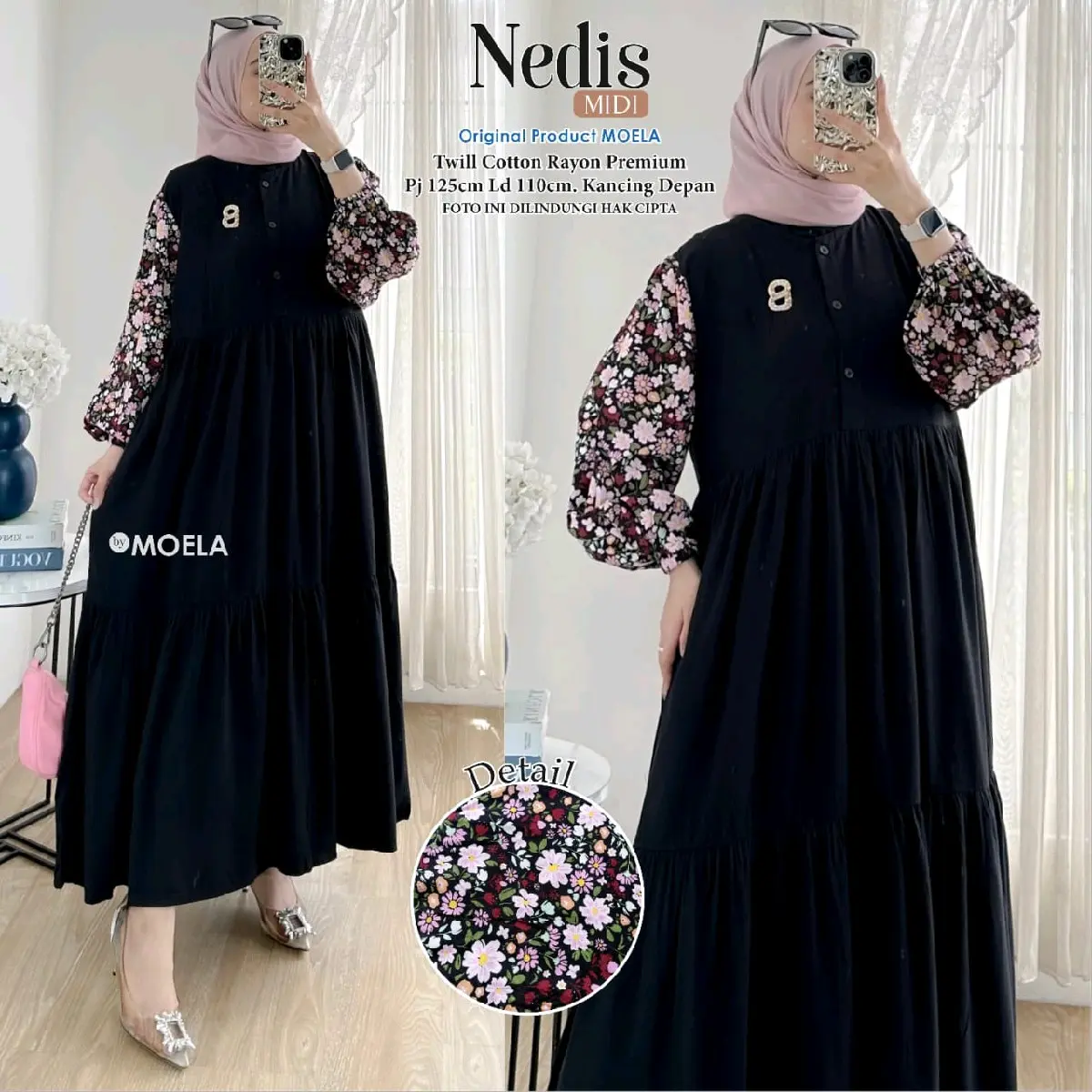 MIDI DRESS BUSUI NEDIS SERIAN KOMBINASI RAYON PREMIUM QUALITY ORI MOELA