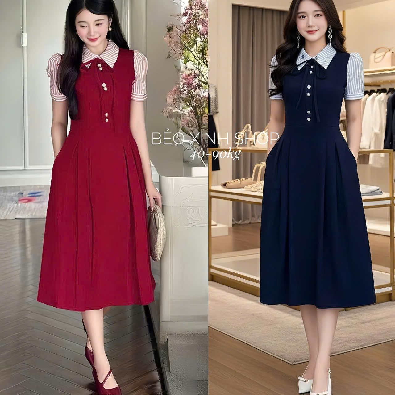 Váy Dự Tiệc Nữ Thiết Kế Cổ Sơ Mi Phôi Tay Sọc Nơ Vải Cotton Lạnh Phối Sọc Cao Cấp Thanh Lịch Sang Trọng Cho Các Nàng Bigsize 40–90kg Thời Trang Nữ Béo Xinh Shop - A.1705
