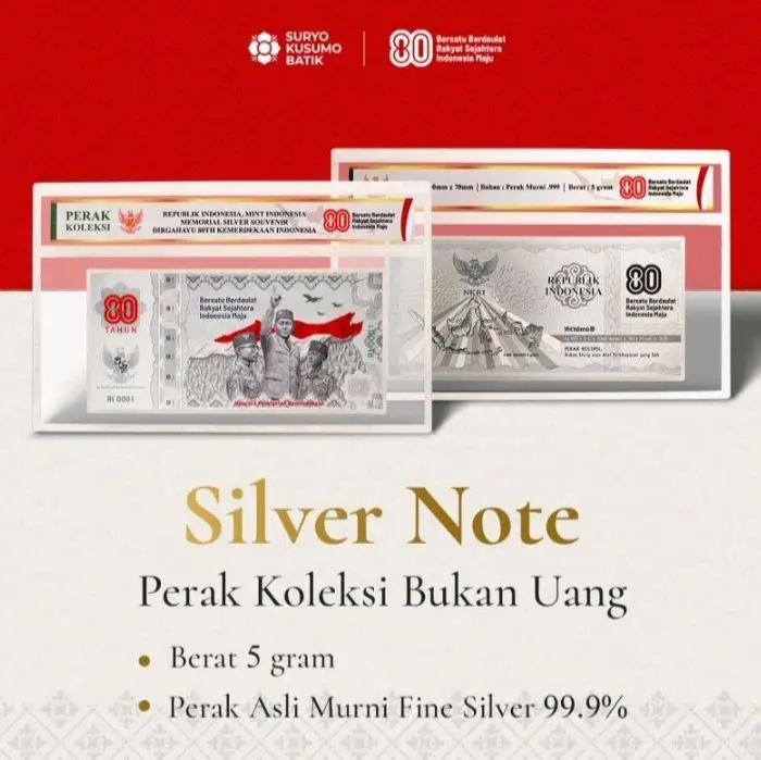 Silvernote Perak Silver Note 5gr Minth Perak Asli 99,9 Fine Silver Bar Mint 80 Tahun Finesilver Limited Edition Mahar Souvenir Koleksi Lama Kuno Jadul Langka