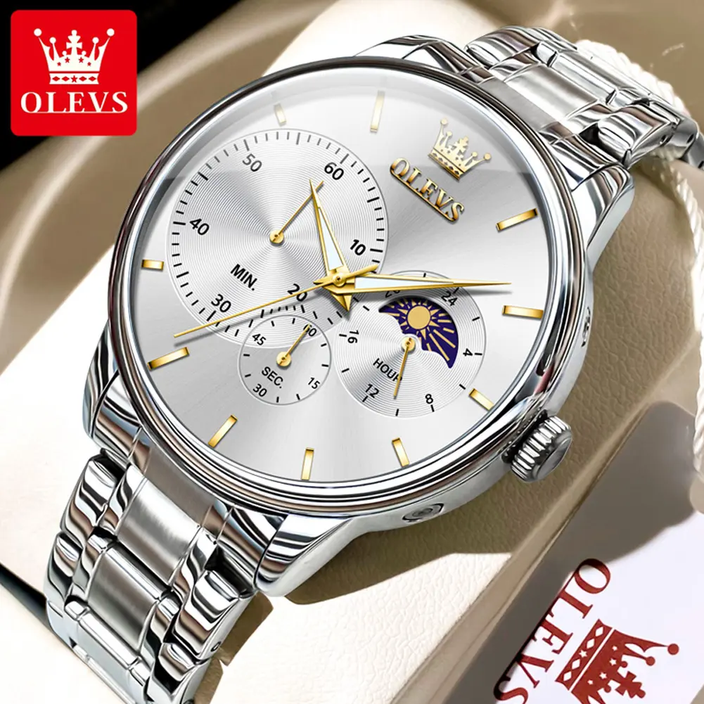 OLEVS Minimalist Steel Strap Quartz Watch | Multifunctional Dial + 30M Waterproof | Luminous Hands & Business Luxury Design Model 2936