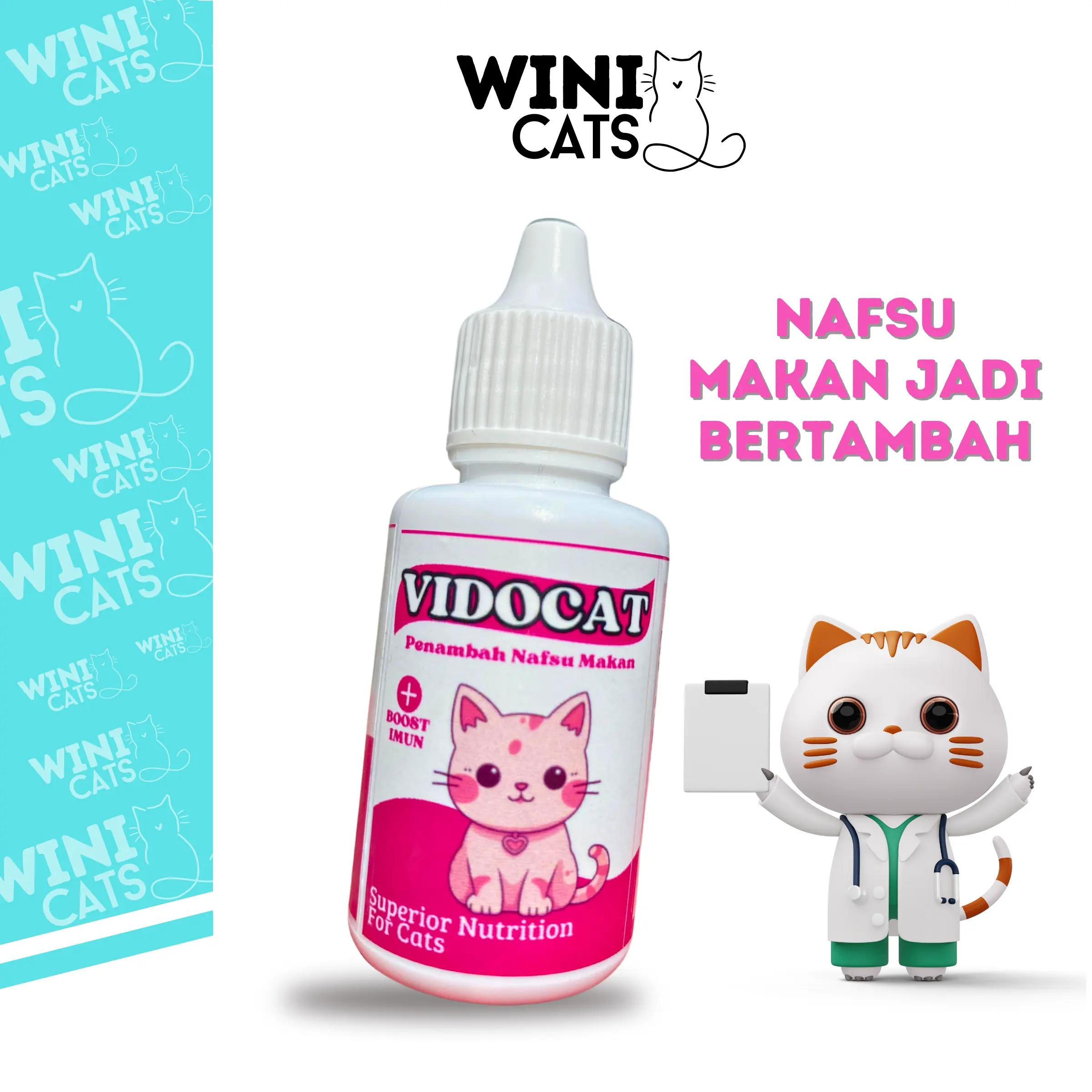 WINICATS Vitamin Kucing Tinggi Protein untuk Penambah Nafsu Makan, Mencegah Bulu Rontok, Meningkatkan Daya Tahan Tubuh, dan Pelengkap Nutrisi Harisan Kucing Vidocat 30ml