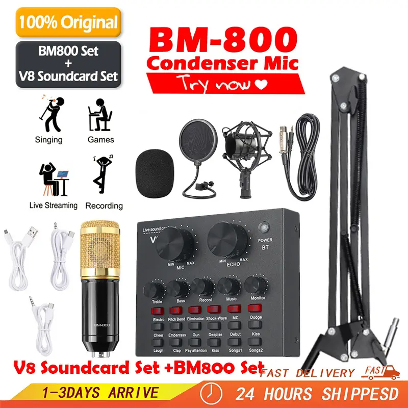 PAKET RECORDING LENGKAP Microphone Mic Condenser BM 800 Stand Mic Soundcard + V8 Set 0