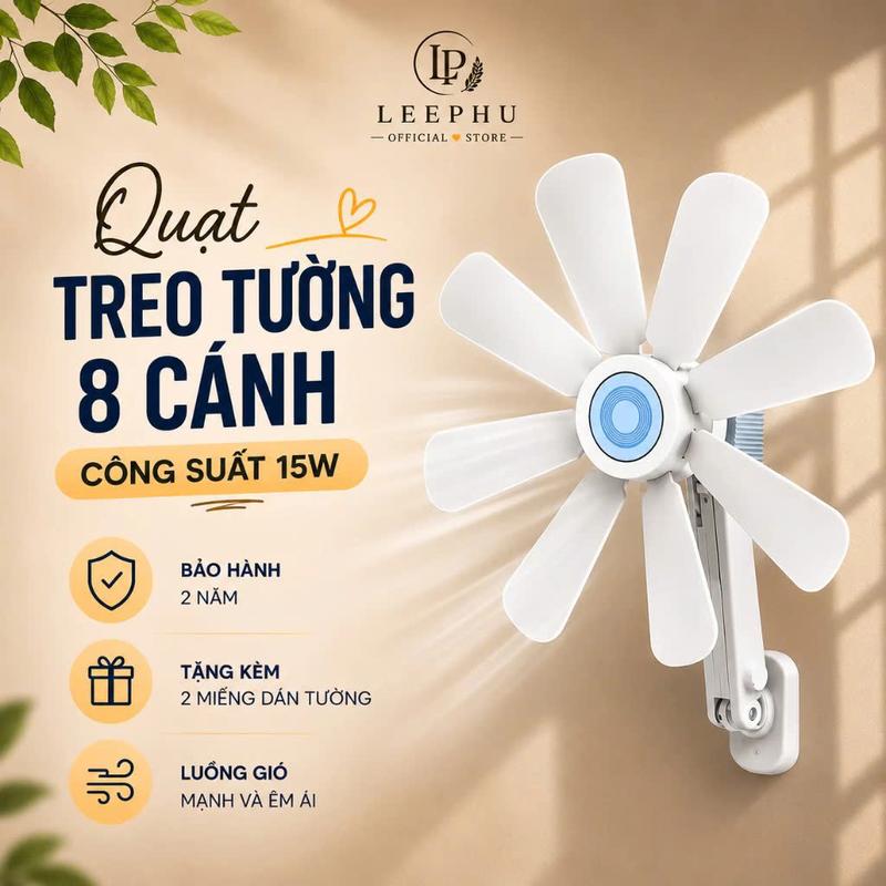 Quạt Treo Tường 8 Cánh, Xoay 360, Gắn Trên Mọi Chất Liệu, Không Cần Khoan Tường…