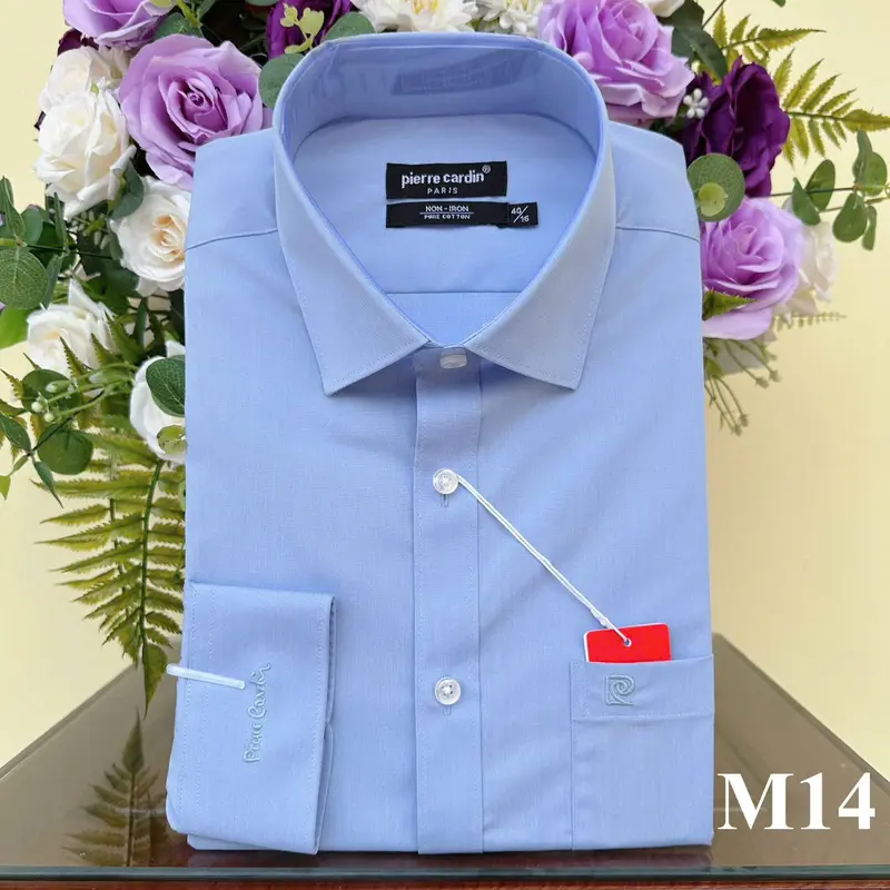 Áo Sơ Mi Nam Pie Cadin, Sơ Mi Trắng Trơn dài tay thêu chữ xanh, Sơ Mi Nam Hàng Xuất Dư Xịn Đẹp 4