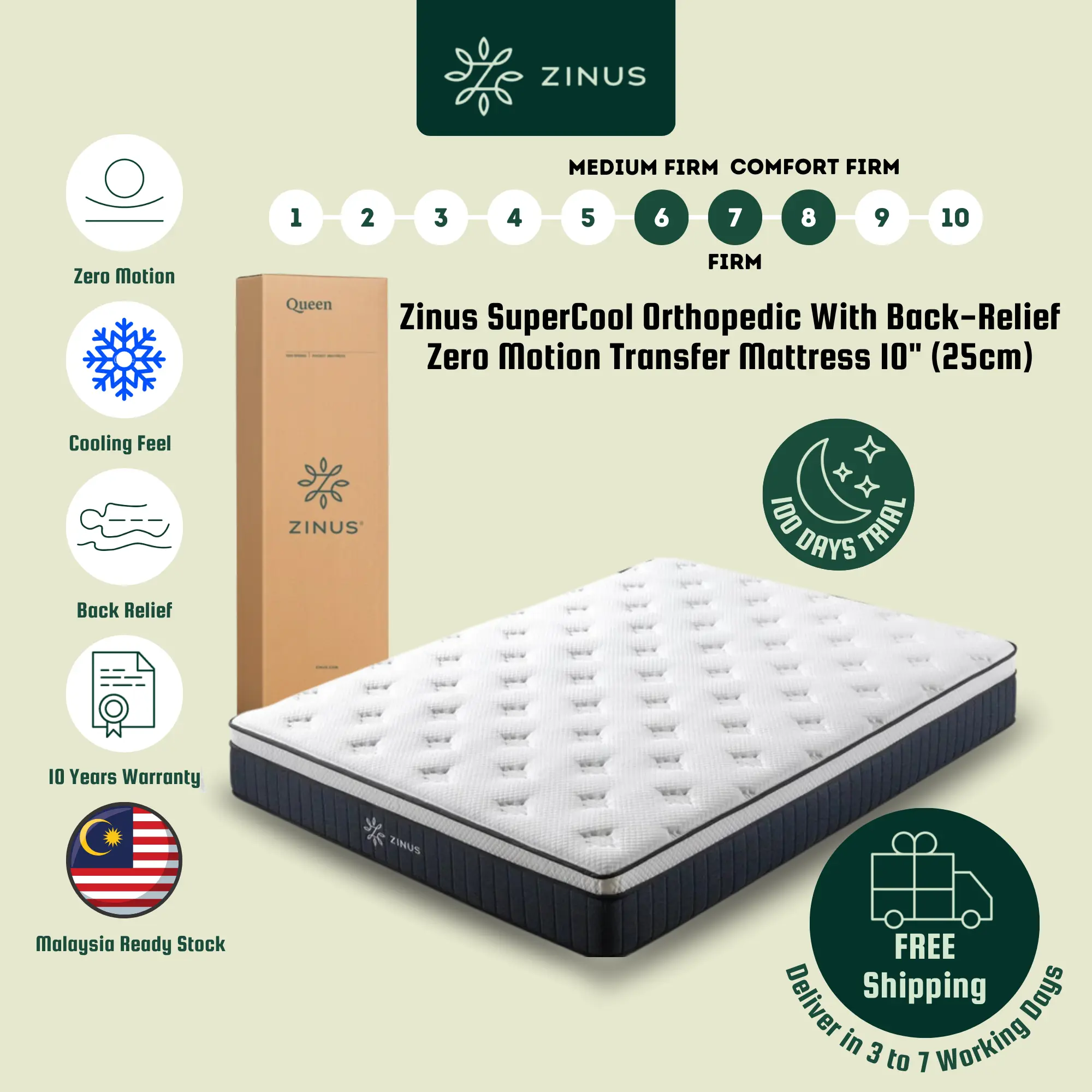 Zinus Tilam Orthopedic Support ZeroMotionTransfer Mattress 10" (25cm) [10 YEARS WARRANTY/100 DAYS TRIAL] Foam Bed Furniture sokongan leher sederhana