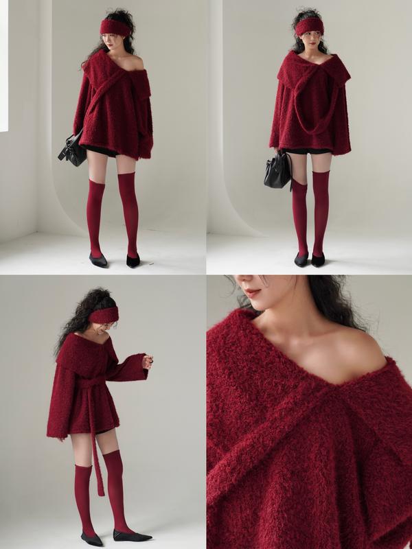  Áo len xù trễ vai đai liền Rouge Top - LUXI  Tặng kèm băng đô  