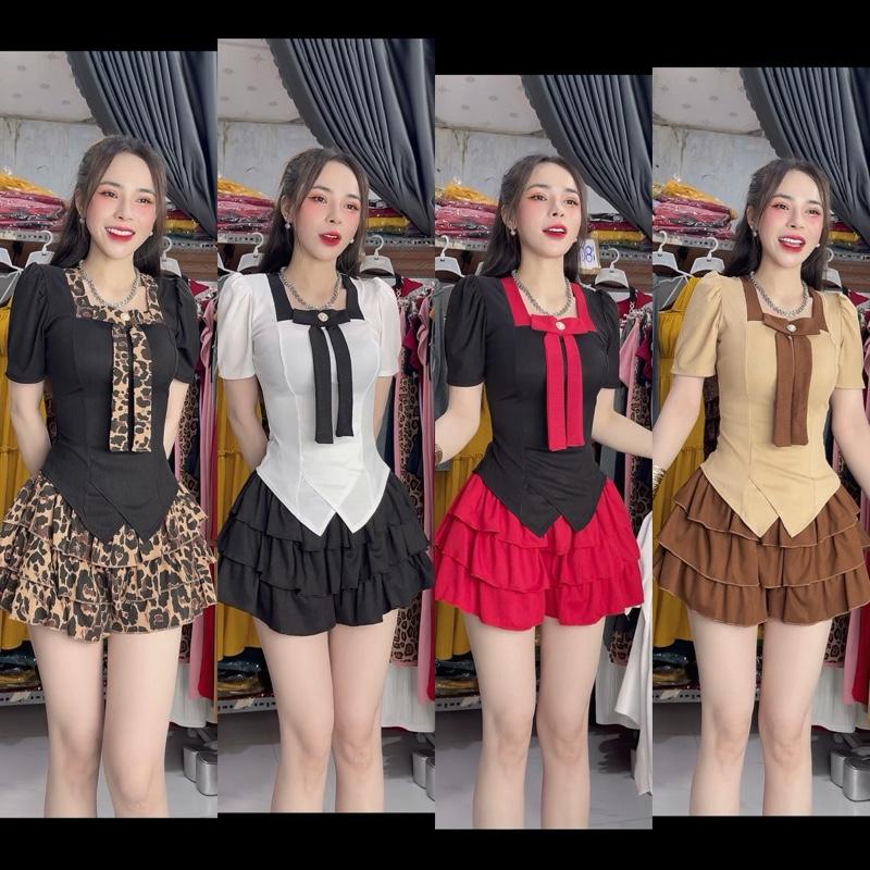 Mã C286 [Quần] Sét Áo Cổ Vuông Đính Nơ Quần Đùi Váy 3 Tầng thun gân tăm lạnh