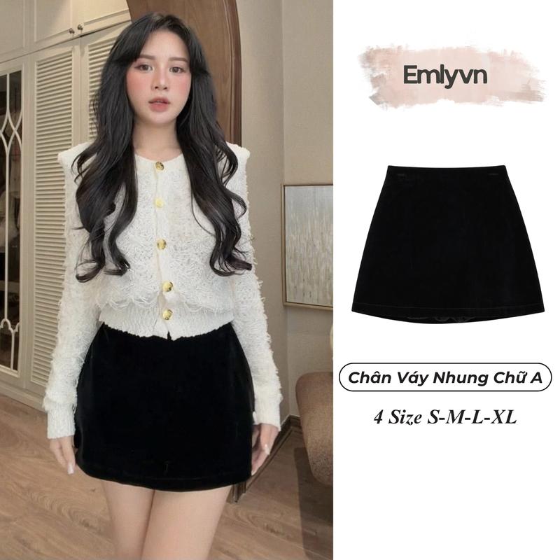 Chân Váy Nhung Chữ A Cạp Cao EMLYVN 2 Lớp Có Quần Trong, Tôn Dáng, Váy Nhung Chữ A Nữ Hàn Quốc