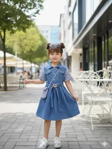 Dinda Dress Jeans Mix Salur Variasi Kancing + Free Belt Cantik Ukuran 3-12 Tahun - Dress Anak Perempuan Terbaru 2025 - Febri Real