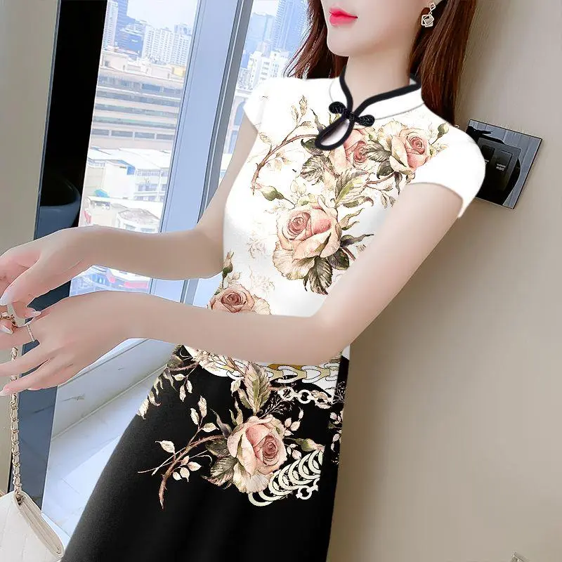 Váy Sườn Xám, Dài Trung Bình, Cải Tiến, Dành Cho Mùa Hè, Phong Cách Mới, In Đơn Giản, Che Bụng, Quý Phái Và Phong Cách Phương Tây, Váy Dài Trung Bình