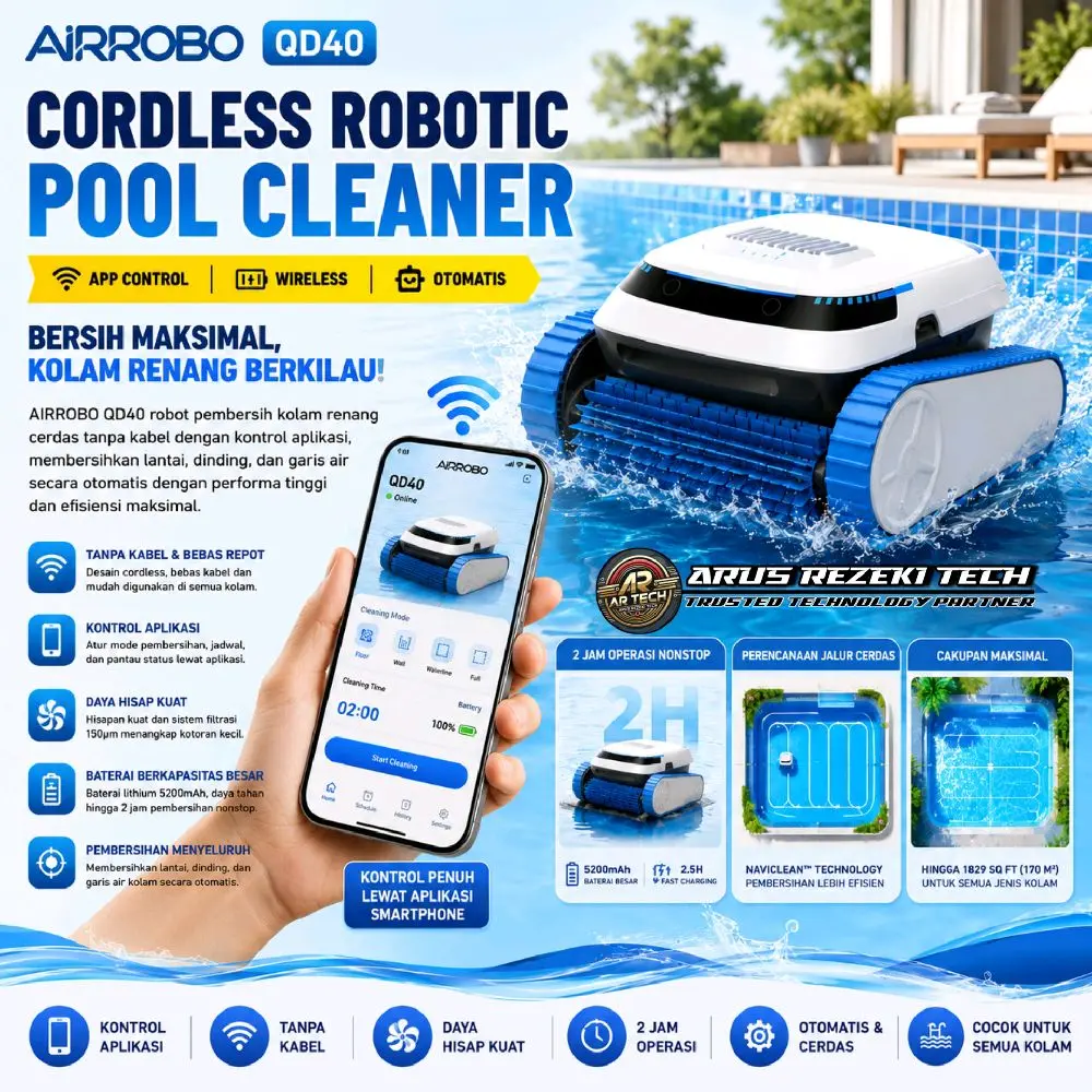 AIRROBO QD40 Cordless Robotic Pool Cleaner App Control Robot Pembersih Kolam Renang Wireless Otomatis