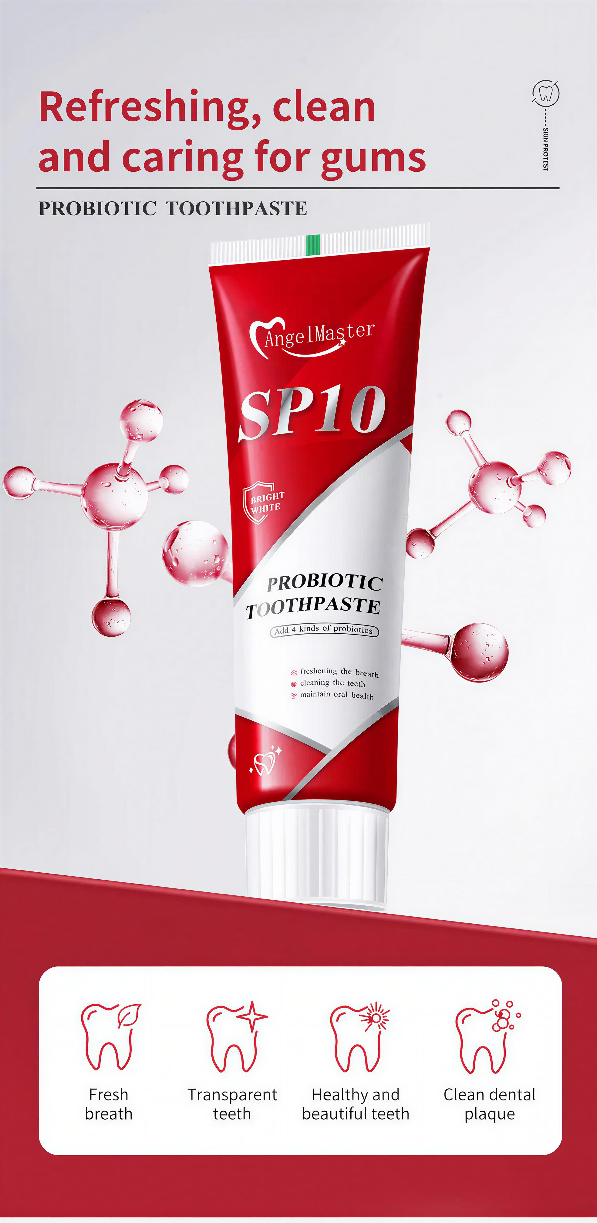 AngelMaster SP10 Probiotic Toothpaste - Pasta Gigi Premium untuk Gigi Lebih Putih dengan 4 Jenis Probiotik, Nafas Segar Seharian, Hapus Noda Kuning Mendalam, Pembersihan Optimal & Penghilang Noda - Mulut