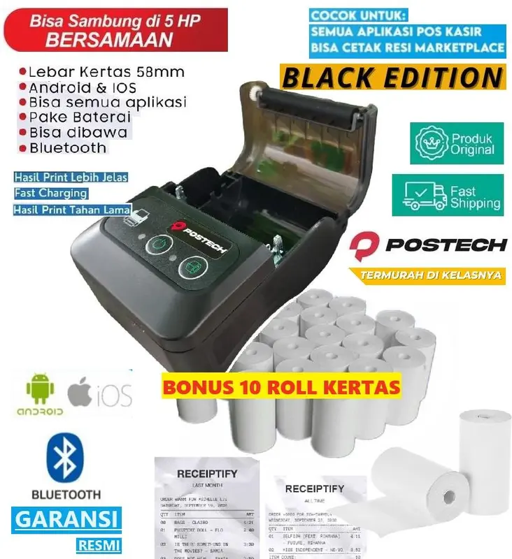 Bonus 10 Kertas + Printer Baterai Bluetooth iOS Android 58MM 0
