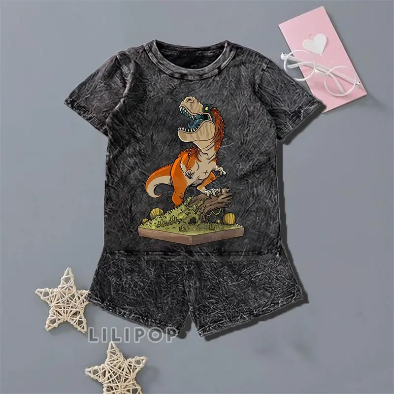 Majin  Fashion Anak Unisex Stelan Stone Wash 3/4 Cocok untuk Anak Laki-laki dan Perempuan DINO TREX Stylish Setelan 2