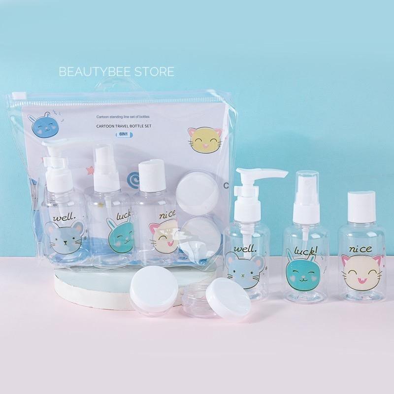 BOTOL TRAVEL SET + TEMPAT CREAM MOTIF CAT ISI 6 + POUCH (SY1039) 3