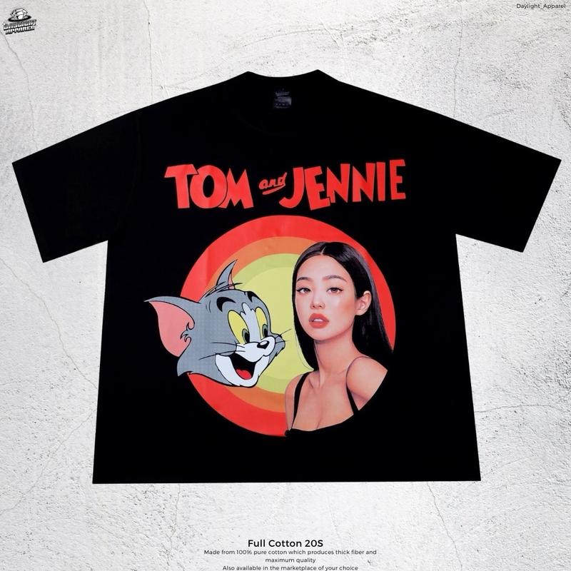 T-Shirt Tom & Jennie Parody - Oversized Model Black Solid Sablon Kaos Hitam Distro Atasan Baju 0