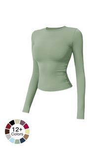Camiseta deportiva de manga larga para mujer en color liso, camiseta deportiva para yoga, gimnasio, entrenamiento y para correr, ropa deportiva para mujer para primavera y otoño