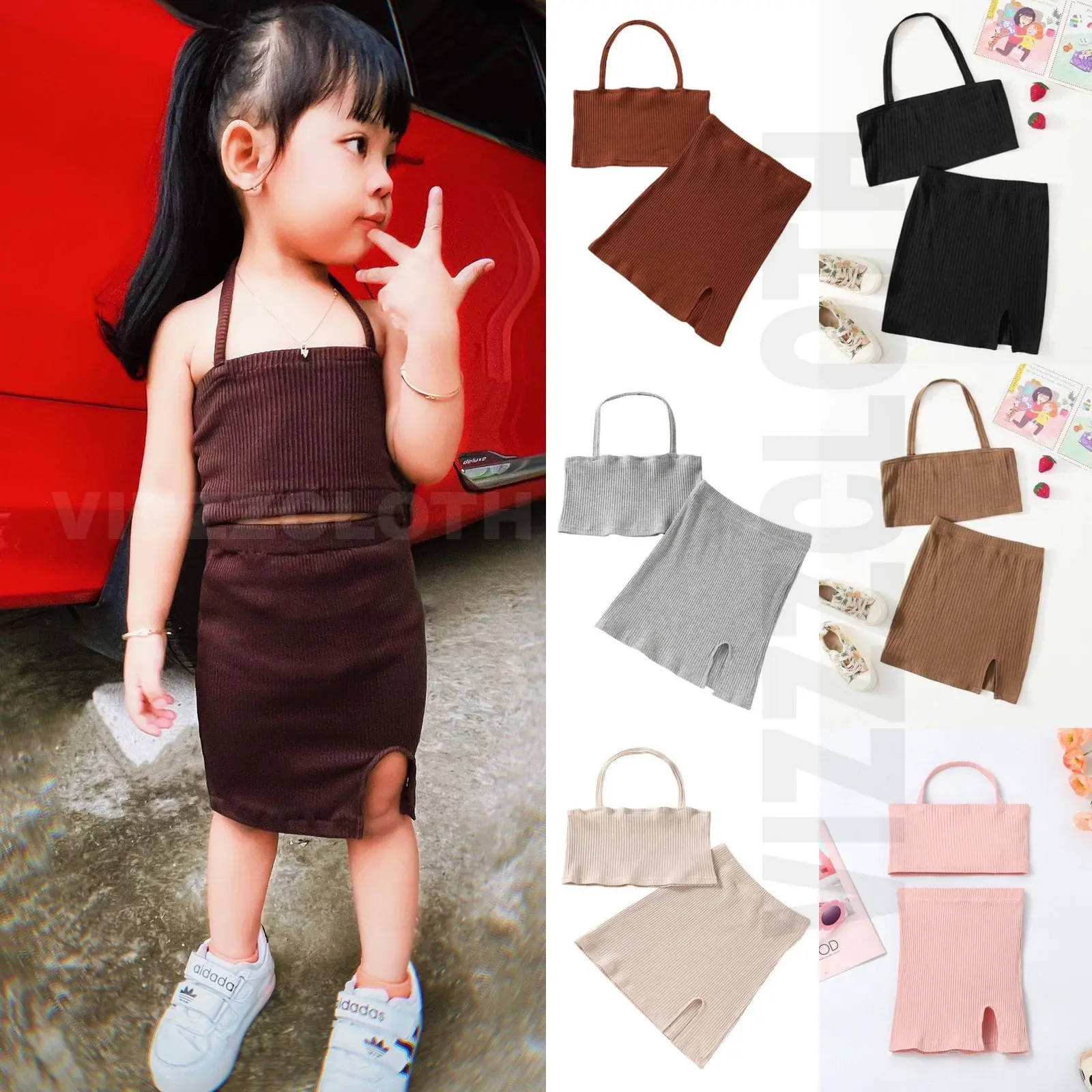 SETELAN ANAK PEREMPUAN RIB KNIT HALTER TOP & SPLIT HEM SKIRT USIA 1-5tahun BAJU ANAK PEREMPUAN