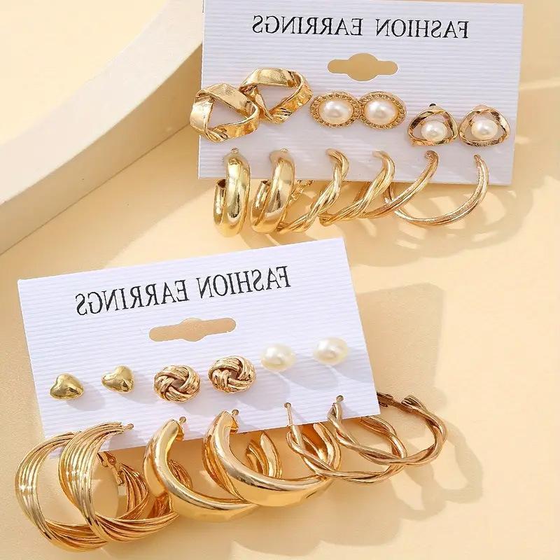 Anting-anting Mutiara Geometris Emas Retro 12 Pasangan Populer Set - Anting-anting Hadiah Grosir Seluk Kepala Muslim Wanita