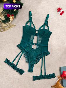Body de lencería sexy con encaje en contraste y anillos unidos para mujer, body con volantes en el escote y la espalda descubierta con tirantes ajustables, ropa interior de mujer cómoda y moderna para todas las temporadas