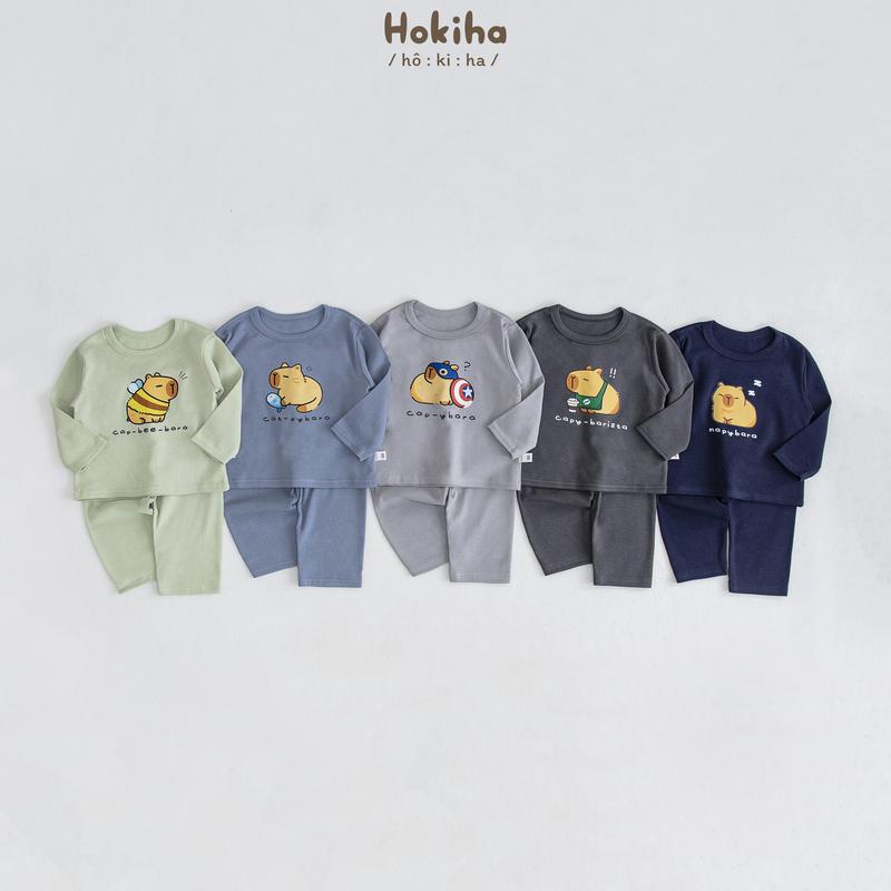[Hokiha] B148-Bộ quần áo dài tay điều hòa cho bé trai bé gái hình Capybara vải cotton bozip mềm mại, co giãn size từ 8-17kg