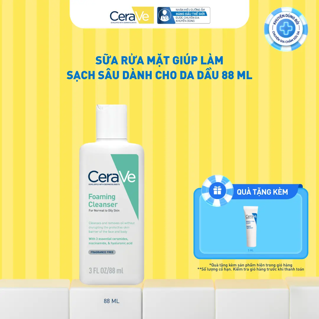 Sữa rửa mặt giúp làm sạch sâu dành cho da dầu Cerave Foaming Facial Cleanser 88ml, tạo bọt làm sạch sâu dịu nhẹ và cung cấp độ ẩm cho da. Chăm sóc da_Sữa rửa mặt_Skincare cho Nam và Nữ_Cleansing